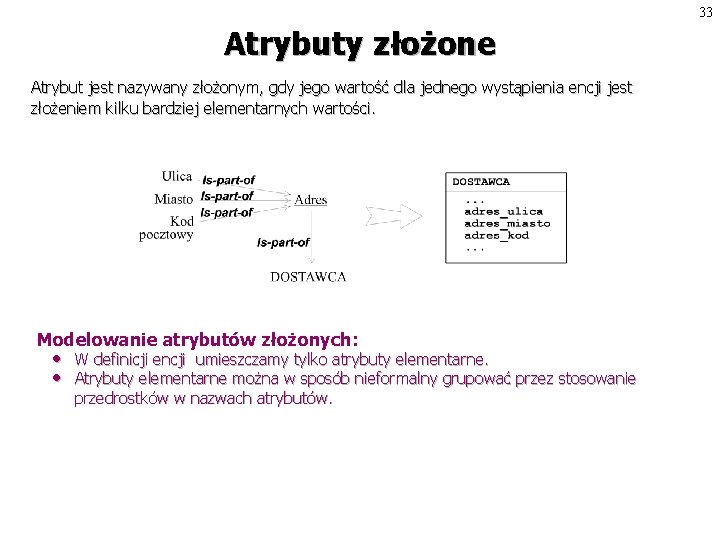 33 Atrybuty złożone Atrybut jest nazywany złożonym, gdy jego wartość dla jednego wystąpienia encji