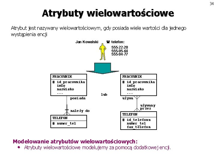 34 Atrybuty wielowartościowe Atrybut jest nazywany wielowartościowym, gdy posiada wiele wartości dla jednego wystąpienia