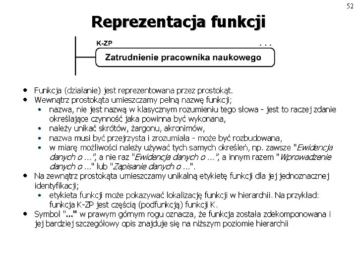 52 Reprezentacja funkcji • • Funkcja (działanie) jest reprezentowana przez prostokąt. Wewnątrz prostokąta umieszczamy