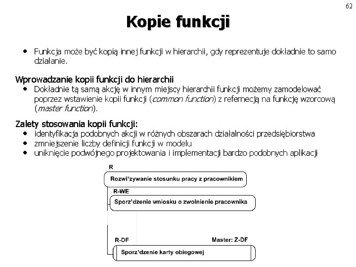 62 Kopie funkcji • Funkcja może być kopią innej funkcji w hierarchii, gdy reprezentuje