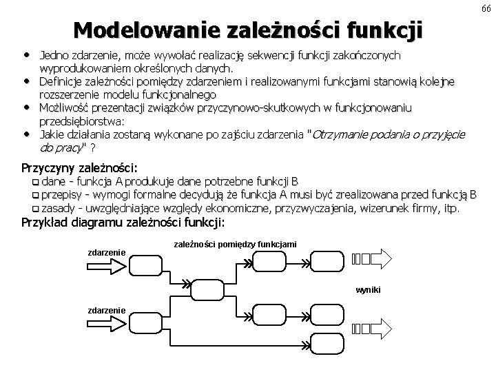 66 Modelowanie zależności funkcji • • Jedno zdarzenie, może wywołać realizację sekwencji funkcji zakończonych