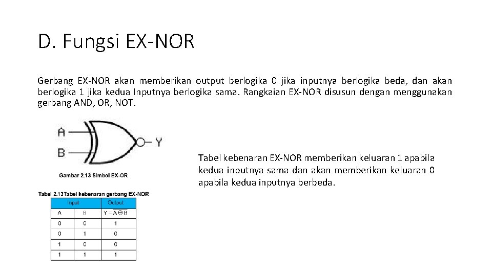 D. Fungsi EX-NOR Gerbang EX-NOR akan memberikan output berlogika 0 jika inputnya berlogika beda,