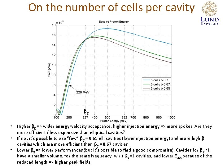On the number of cells per cavity βg • • • Higher βg =>