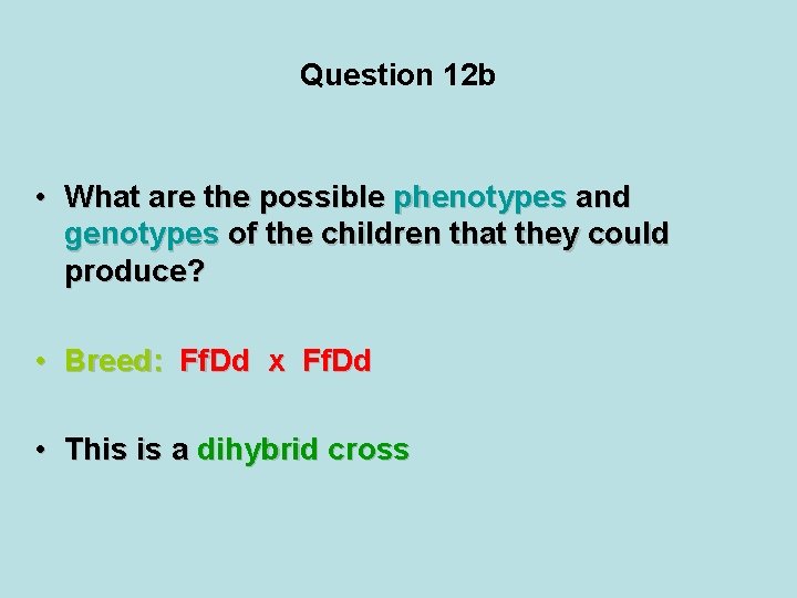 Question 12 b • What are the possible phenotypes and genotypes of the children