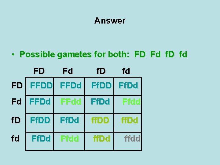 Answer • Possible gametes for both: FD Fd f. D fd FD FFDd Ff.