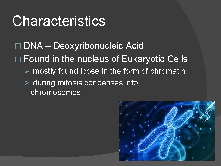 Characteristics � DNA – Deoxyribonucleic Acid � Found in the nucleus of Eukaryotic Cells