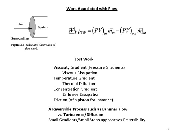 Work Associated with Flow Lost Work Viscosity Gradient (Pressure Gradients) Viscous Dissipation Temperature Gradient