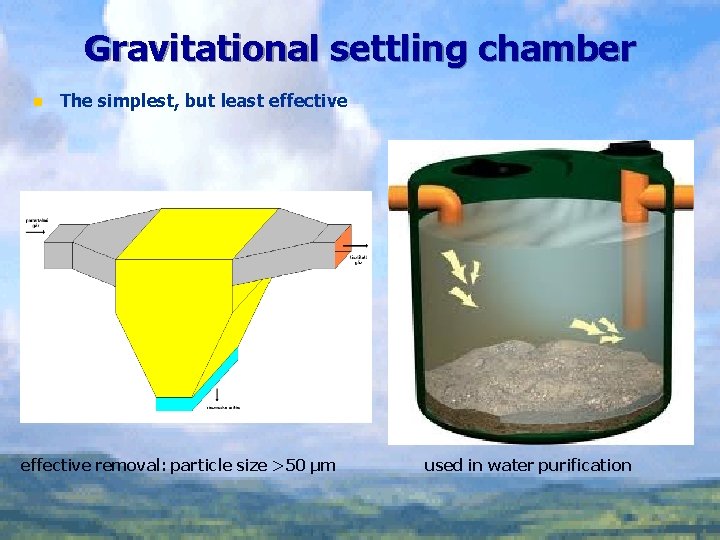 Gravitational settling chamber n The simplest, but least effective removal: particle size >50 μm