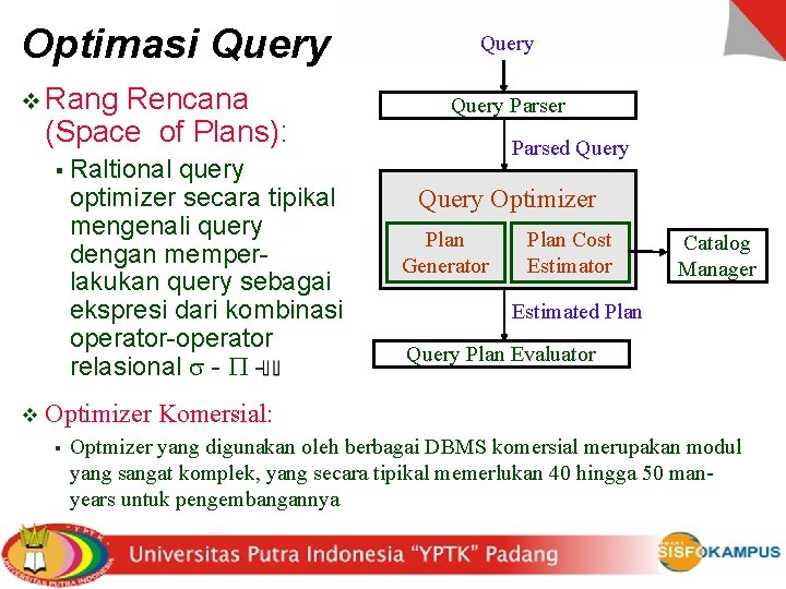 Optimasi Query v Rang Rencana (Space of Plans): query optimizer secara tipikal mengenali query