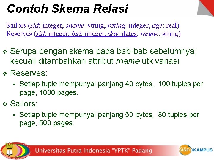 Contoh Skema Relasi Sailors (sid: integer, sname: string, rating: integer, age: real) Reserves (sid: