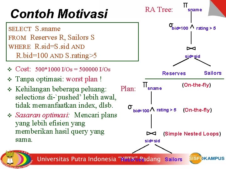 RA Tree: Contoh Motivasi SELECT S. sname FROM Reserves R, Sailors S WHERE R.