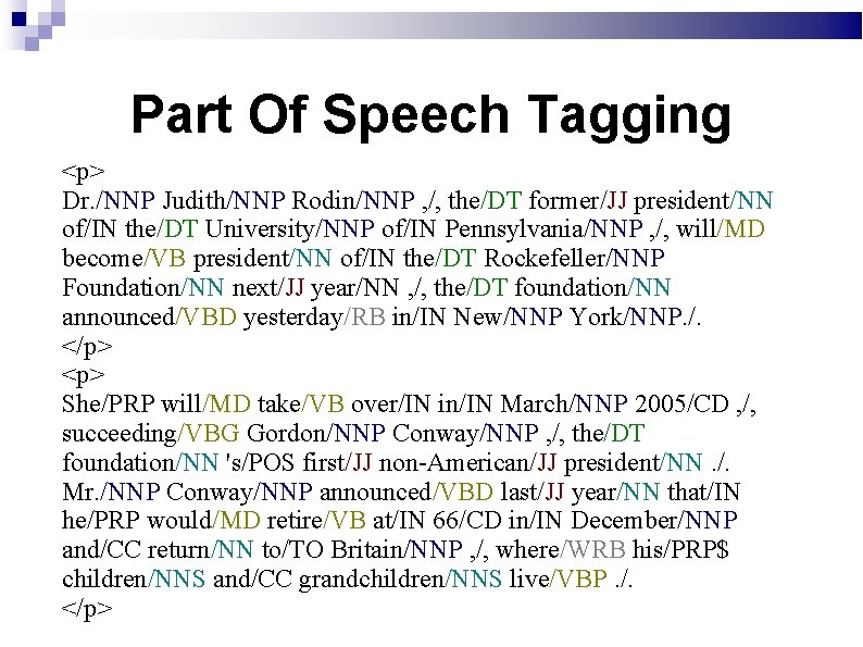 Part Of Speech Tagging <p> Dr. /NNP Judith/NNP Rodin/NNP , /, the/DT former/JJ president/NN