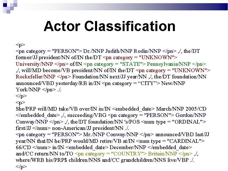 Actor Classification <p> <pn category = "PERSON"> Dr. /NNP Judith/NNP Rodin/NNP </pn> , /,