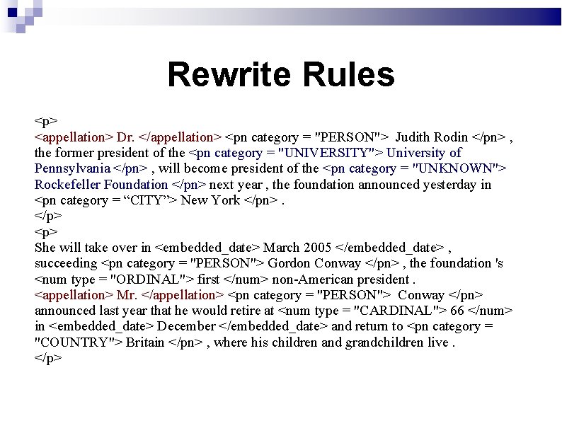 Rewrite Rules <p> <appellation> Dr. </appellation> <pn category = "PERSON"> Judith Rodin </pn> ,