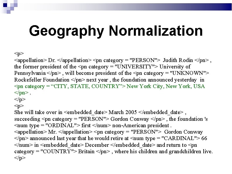 Geography Normalization <p> <appellation> Dr. </appellation> <pn category = "PERSON"> Judith Rodin </pn> ,