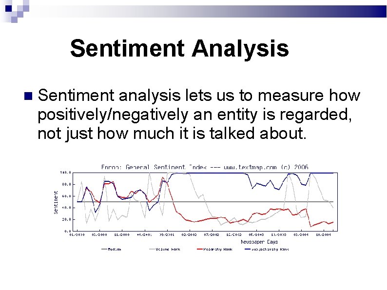 Sentiment Analysis Sentiment analysis lets us to measure how positively/negatively an entity is regarded,