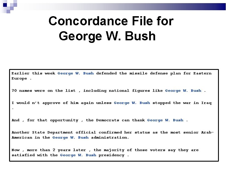 Concordance File for George W. Bush Earlier this week George W. Bush defended the