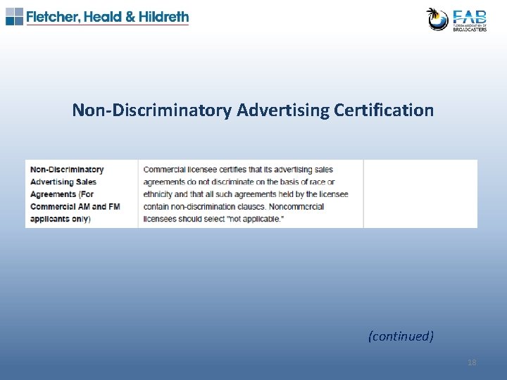 Non-Discriminatory Advertising Certification (continued) 18 