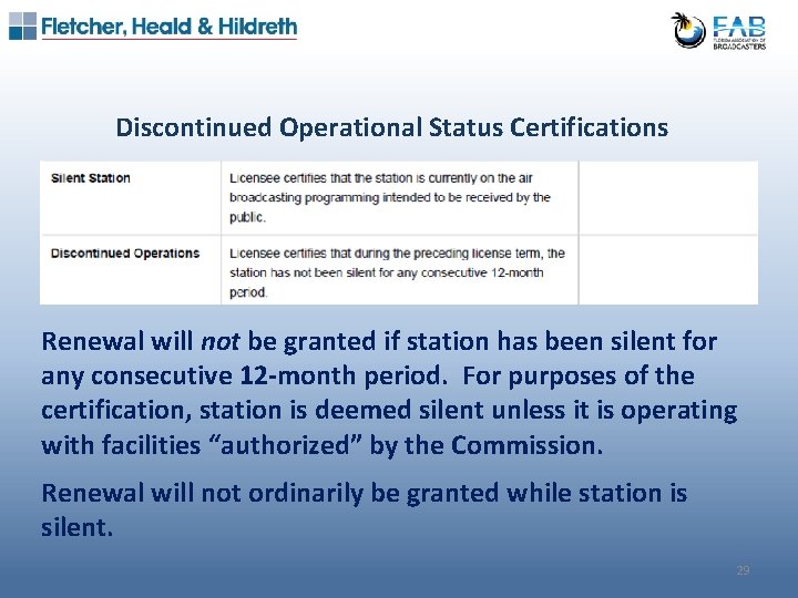 Discontinued Operational Status Certifications Renewal will not be granted if station has been silent