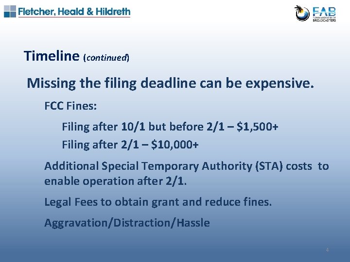 Timeline (continued) Missing the filing deadline can be expensive. FCC Fines: Filing after 10/1