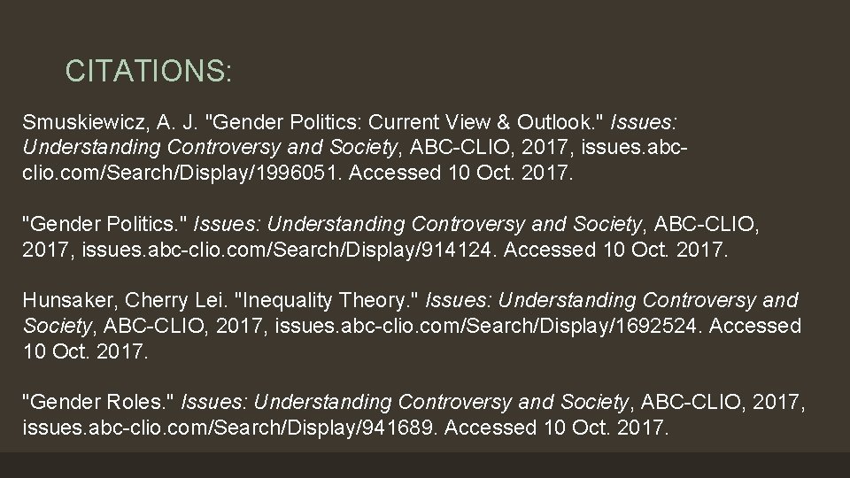 CITATIONS: Smuskiewicz, A. J. "Gender Politics: Current View & Outlook. " Issues: Understanding Controversy