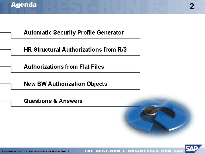 Agenda Automatic Security Profile Generator HR Structural Authorizations from R/3 Authorizations from Flat Files