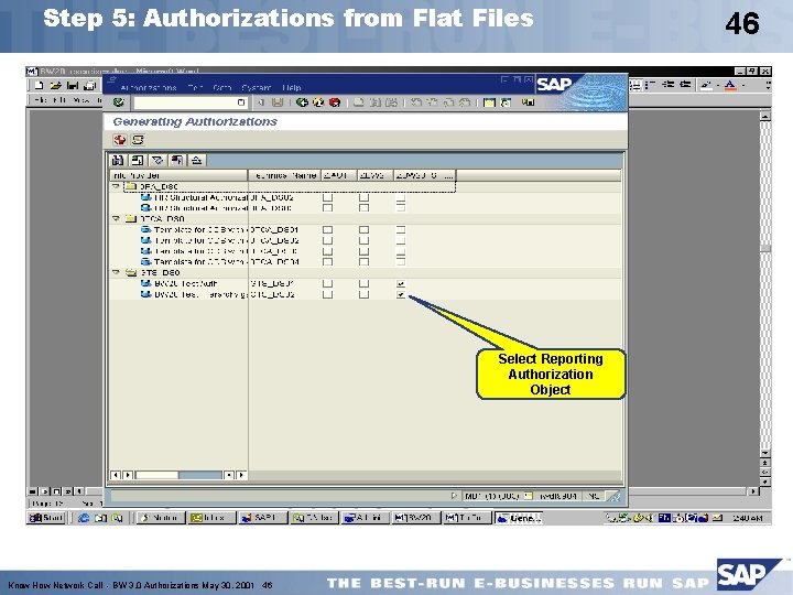 Step 5: Authorizations from Flat Files Select Reporting Authorization Object Know How Network Call