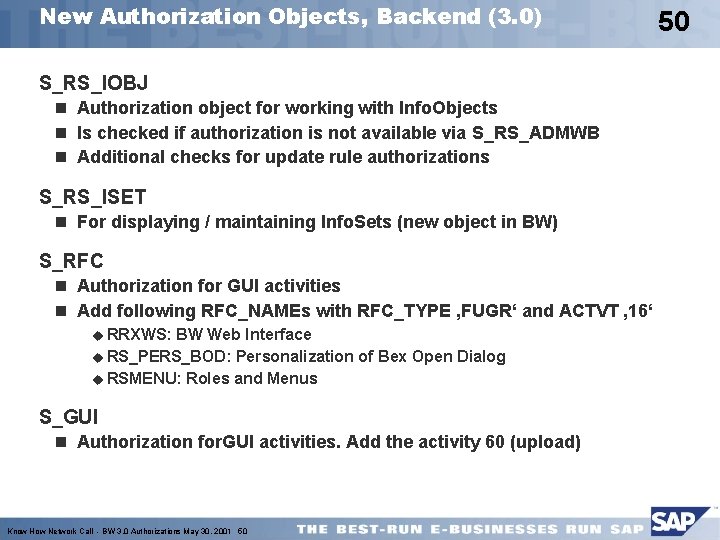 New Authorization Objects, Backend (3. 0) S_RS_IOBJ n Authorization object for working with Info.