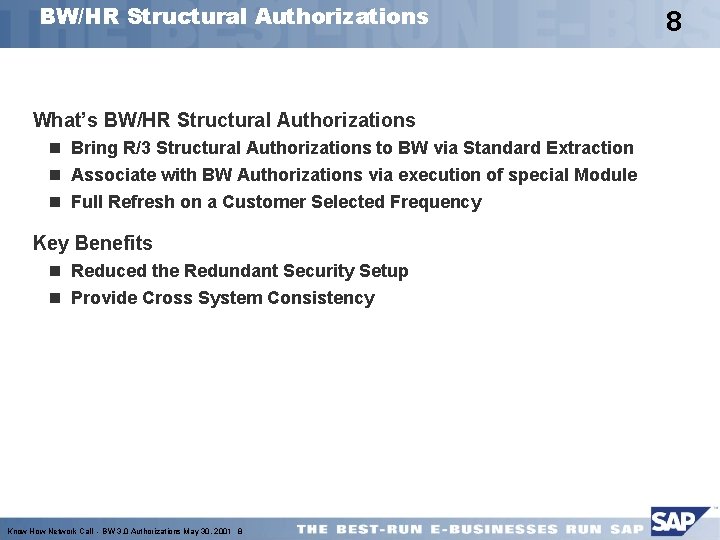 BW/HR Structural Authorizations What’s BW/HR Structural Authorizations n Bring R/3 Structural Authorizations to BW
