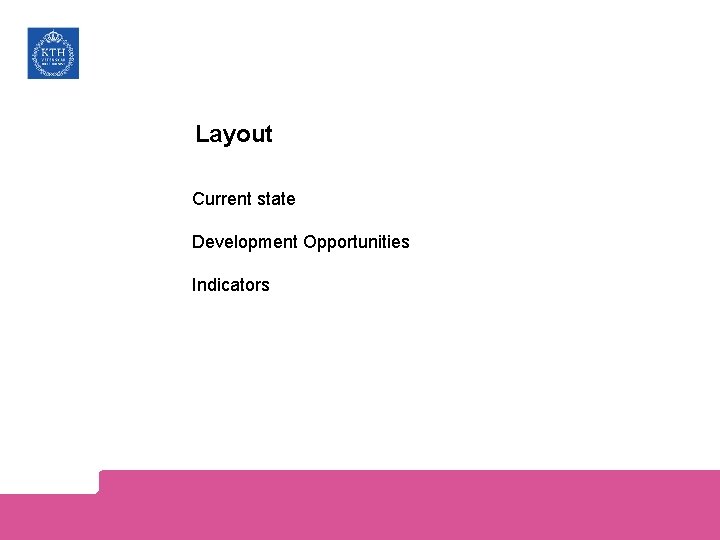 Layout Current state Development Opportunities Indicators 