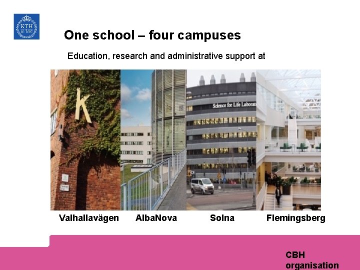 One school – four campuses Education, research and administrative support at Valhallavägen Alba. Nova