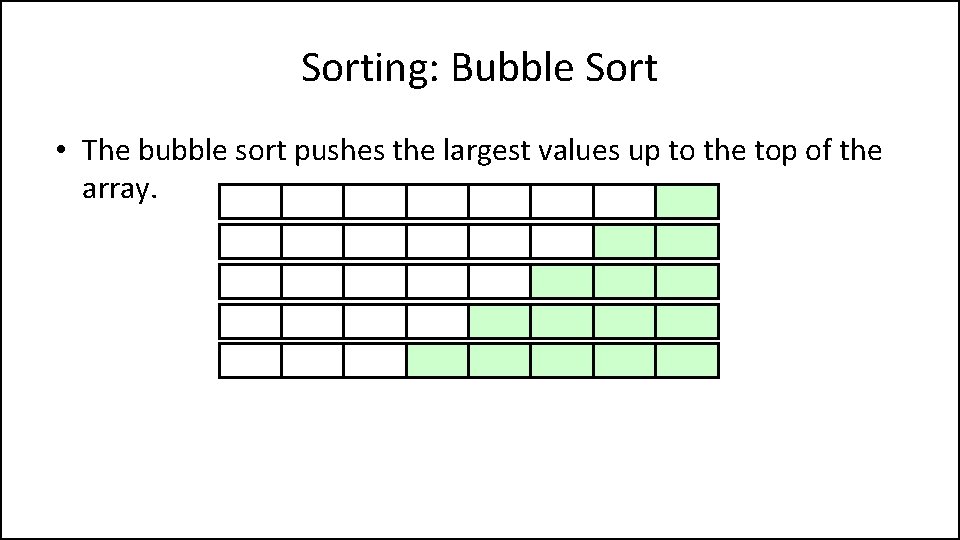 Sorting: Bubble Sort • The bubble sort pushes the largest values up to the