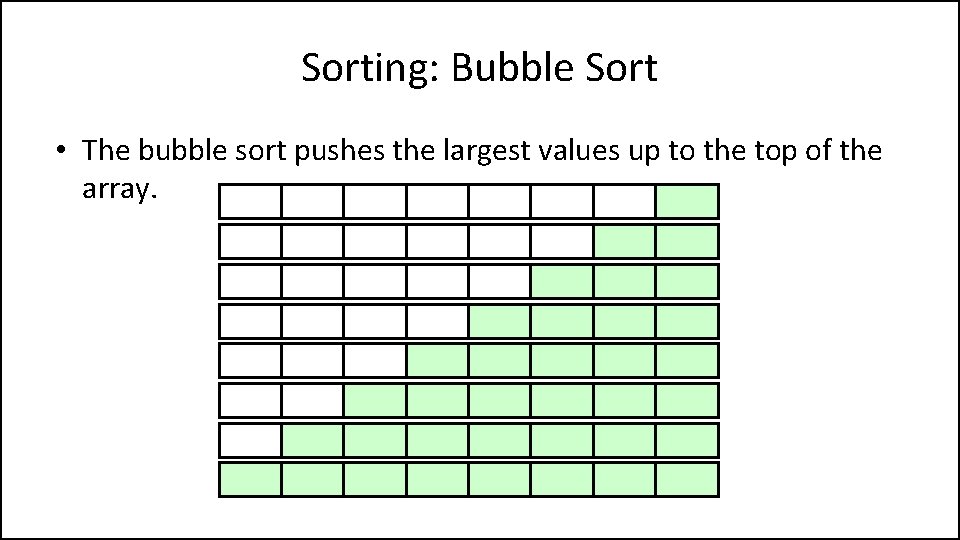 Sorting: Bubble Sort • The bubble sort pushes the largest values up to the