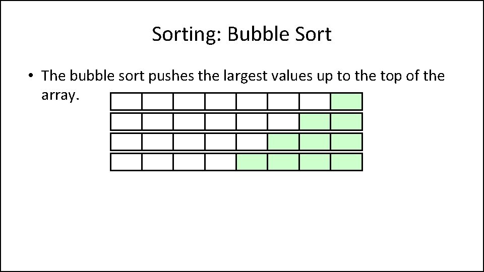 Sorting: Bubble Sort • The bubble sort pushes the largest values up to the