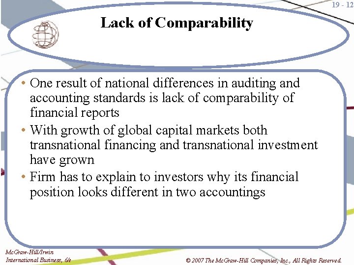 19 - 12 Lack of Comparability • One result of national differences in auditing