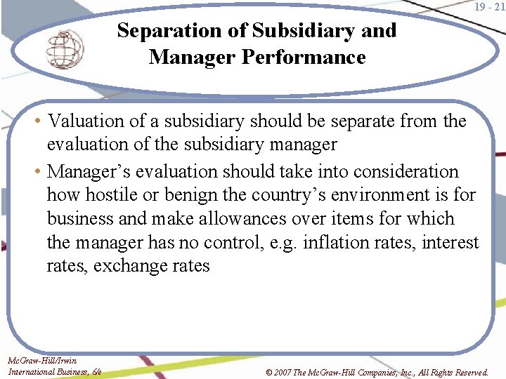 19 - 21 Separation of Subsidiary and Manager Performance • Valuation of a subsidiary