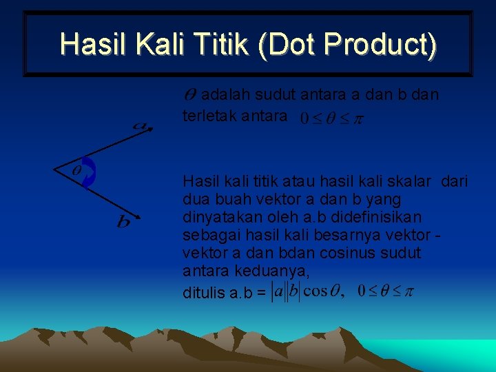 Hasil Kali Titik (Dot Product) adalah sudut antara a dan b dan terletak antara