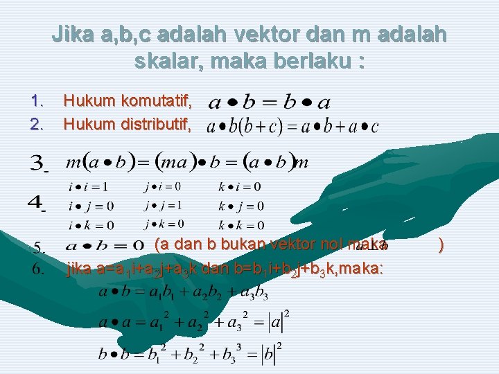 Jika a, b, c adalah vektor dan m adalah skalar, maka berlaku : 1.