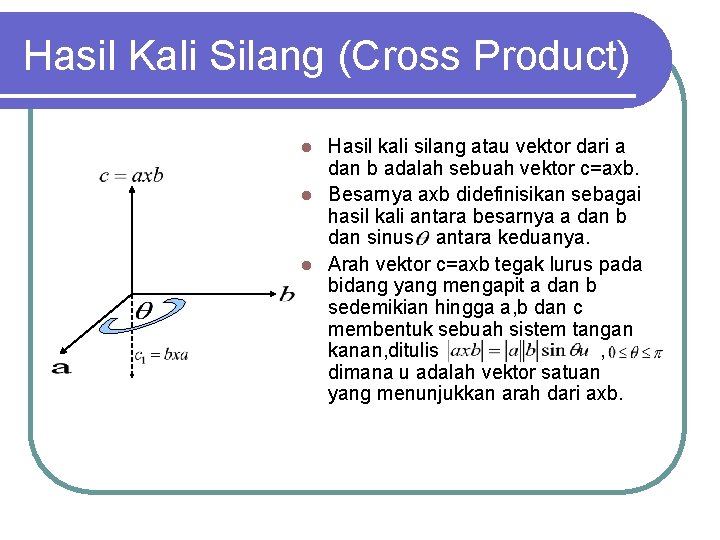 Hasil Kali Silang (Cross Product) Hasil kali silang atau vektor dari a dan b