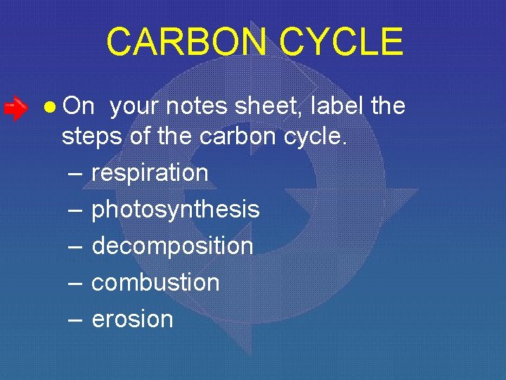 CARBON CYCLE l On your notes sheet, label the steps of the carbon cycle.