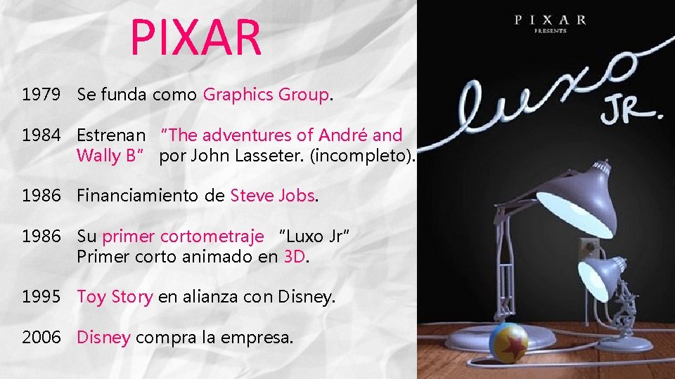 PIXAR 1979 Se funda como Graphics Group. 1984 Estrenan “The adventures of André and