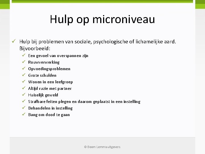 Hulp op microniveau ü Hulp bij problemen van sociale, psychologische of lichamelijke aard. Bijvoorbeeld: