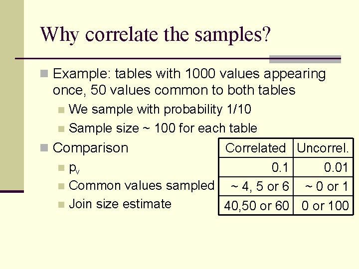Why correlate the samples? n Example: tables with 1000 values appearing once, 50 values