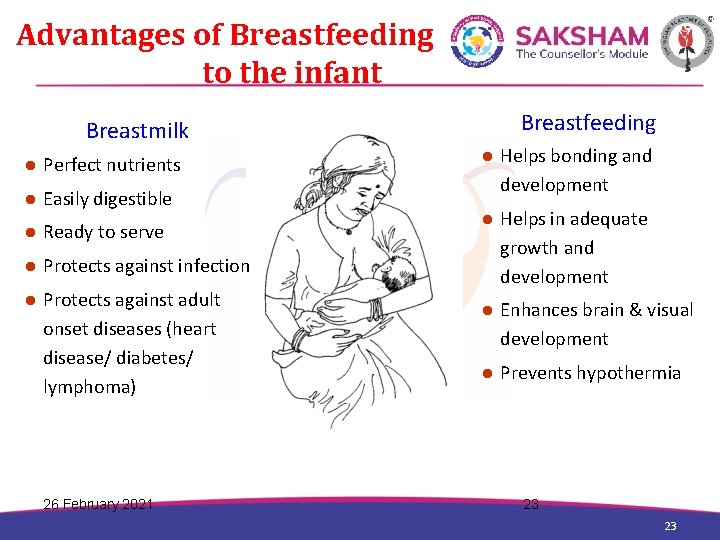 Advantages of Breastfeeding to the infant Breastfeeding Breastmilk l Perfect nutrients l Easily digestible