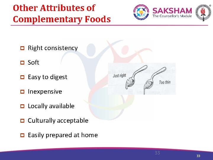 Other Attributes of Complementary Foods p Right consistency p Soft p Easy to digest