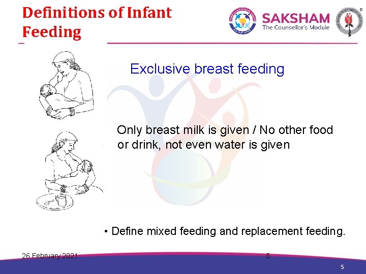 Definitions of Infant Feeding Exclusive breast feeding Only breast milk is given / No