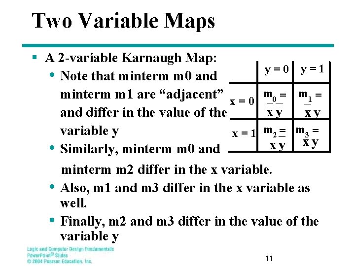 Two Variable Maps § A 2 -variable Karnaugh Map: y=0 y=1 • Note that