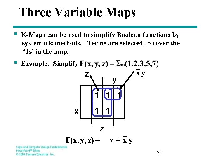 Three Variable Maps § K-Maps can be used to simplify Boolean functions by systematic