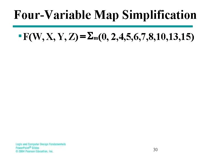 Four-Variable Map Simplification § F(W, X, Y, Z) = Sm(0, 2, 4, 5, 6,
