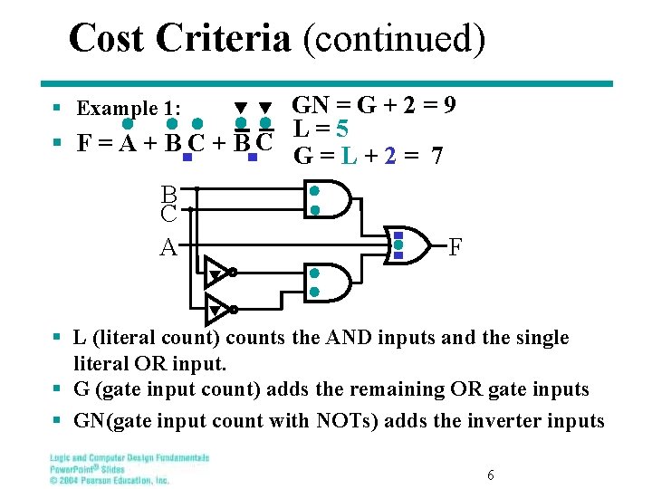 Cost Criteria (continued) GN = G + 2 = 9 L=5 § F=A+BC+ BC